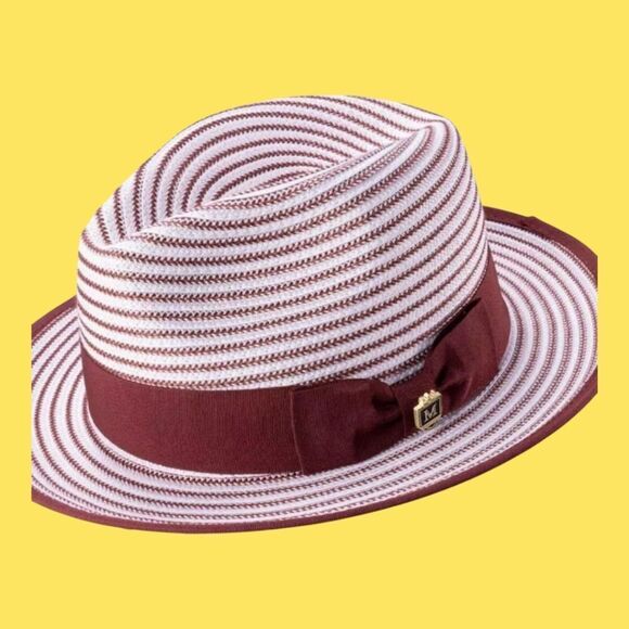 MEN'S  MONTIQUE BURGUNDY/ WHITE STRIPED FEDORA HAT WITH RIBBON BAND. H90. - Picture 1 of 2